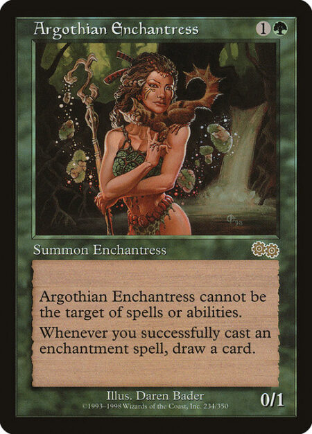 Argothian Enchantress - Shroud (This creature can't be the target of spells or abilities.)