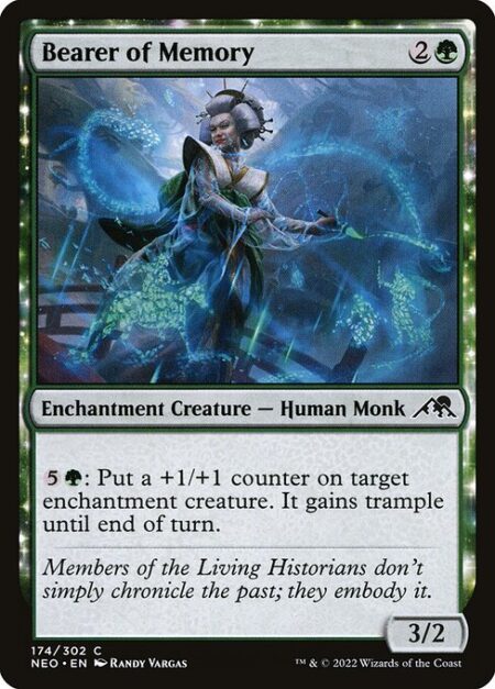 Bearer of Memory - {5}{G}: Put a +1/+1 counter on target enchantment creature. It gains trample until end of turn.