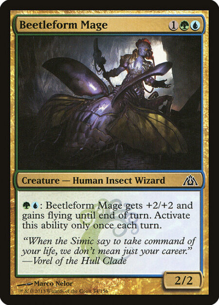 Beetleform Mage - {G}{U}: Beetleform Mage gets +2/+2 and gains flying until end of turn. Activate only once each turn.