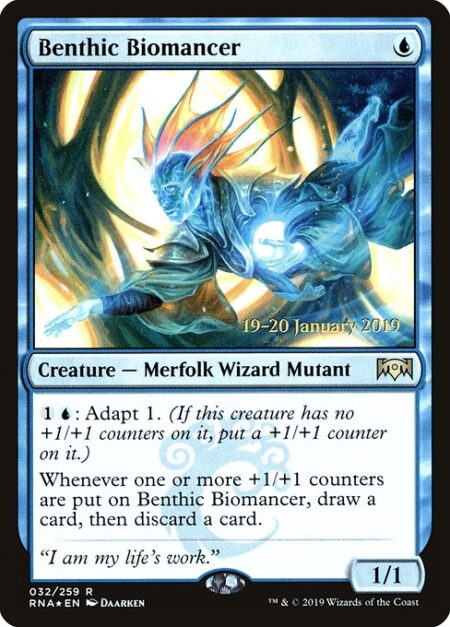 Benthic Biomancer - {1}{U}: Adapt 1. (If this creature has no +1/+1 counters on it