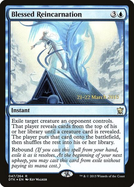 Blessed Reincarnation - Exile target creature an opponent controls. That player reveals cards from the top of their library until a creature card is revealed. The player puts that card onto the battlefield