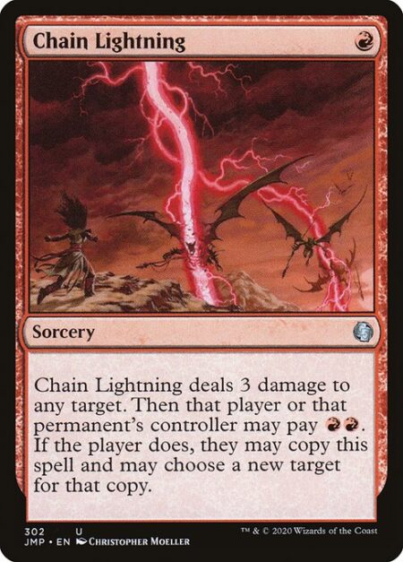 Chain Lightning - Chain Lightning deals 3 damage to any target. Then that player or that permanent's controller may pay {R}{R}. If the player does