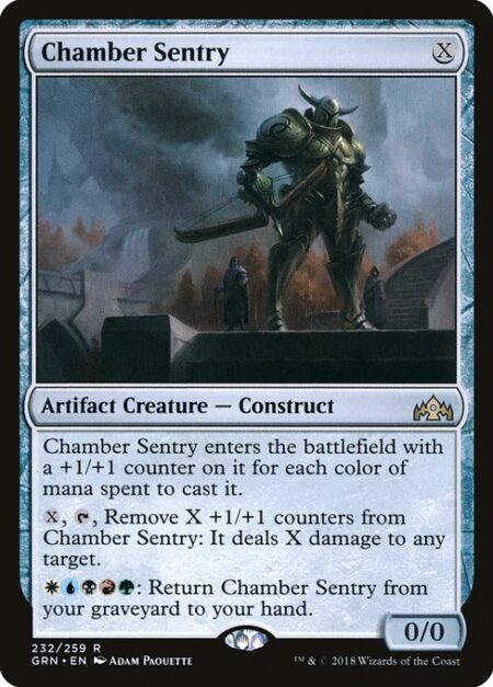 Chamber Sentry - Chamber Sentry enters the battlefield with a +1/+1 counter on it for each color of mana spent to cast it.