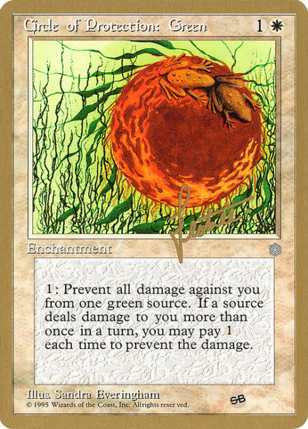 Circle of Protection: Green - {1}: The next time a green source of your choice would deal damage to you this turn