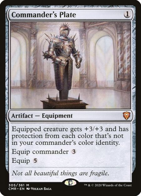 Commander's Plate - Equipped creature gets +3/+3 and has protection from each color that's not in your commander's color identity.