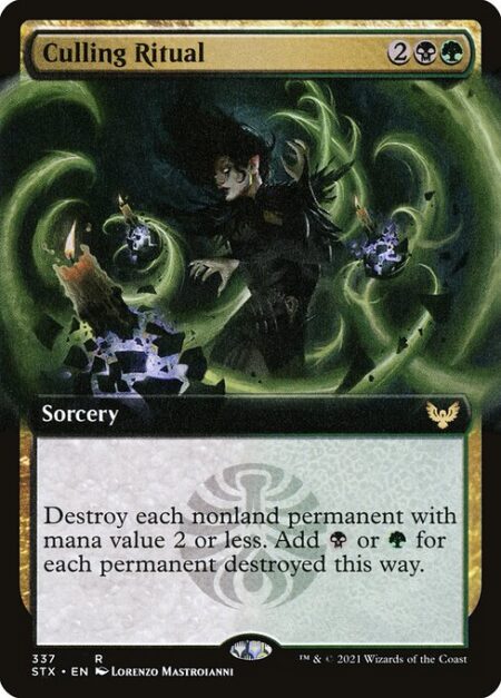 Culling Ritual - Destroy each nonland permanent with mana value 2 or less. Add {B} or {G} for each permanent destroyed this way.