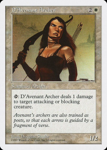 D'Avenant Archer - {T}: D'Avenant Archer deals 1 damage to target attacking or blocking creature.