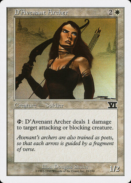 D'Avenant Archer - {T}: D'Avenant Archer deals 1 damage to target attacking or blocking creature.