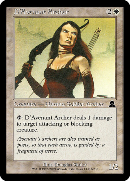 D'Avenant Archer - {T}: D'Avenant Archer deals 1 damage to target attacking or blocking creature.