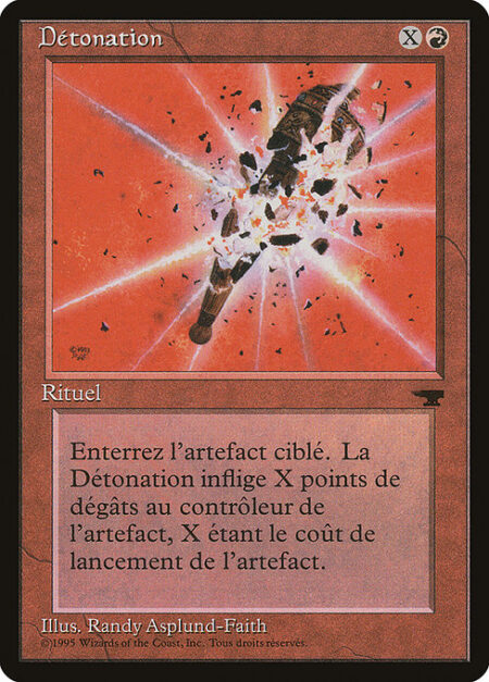 Detonate - Destroy target artifact with mana value X. It can't be regenerated. Detonate deals X damage to that artifact's controller.