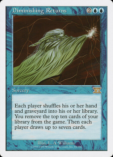 Diminishing Returns - Each player shuffles their hand and graveyard into their library. You exile the top ten cards of your library. Then each player draws up to seven cards.