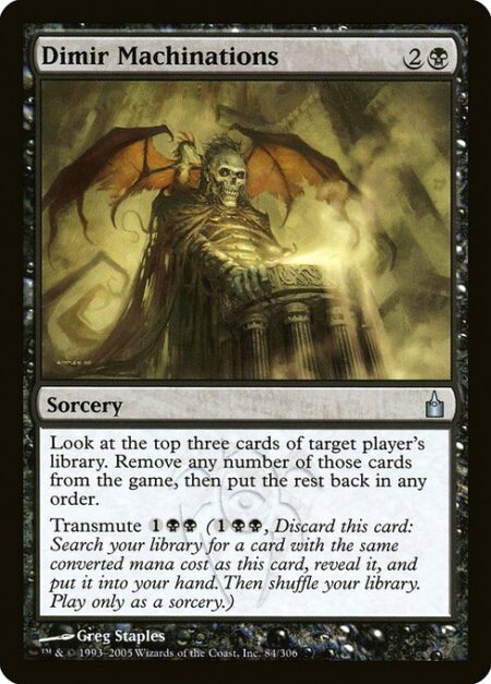 Dimir Machinations - Look at the top three cards of target player's library. Exile any number of those cards