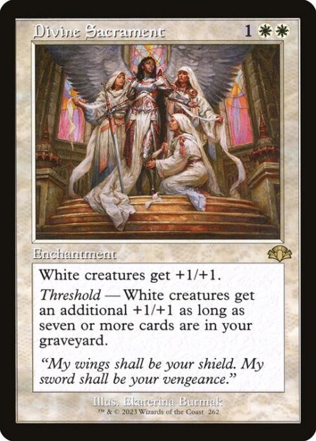 Divine Sacrament - White creatures get +1/+1.