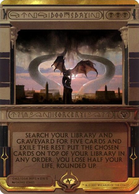 Doomsday - Search your library and graveyard for five cards and exile the rest. Put the chosen cards on top of your library in any order. You lose half your life