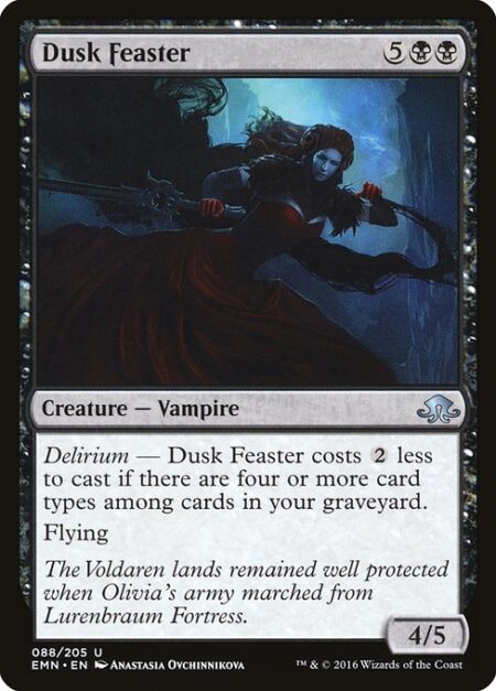 Dusk Feaster - Delirium — This spell costs {2} less to cast if there are four or more card types among cards in your graveyard.