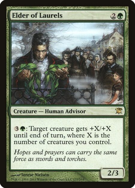 Elder of Laurels - {3}{G}: Target creature gets +X/+X until end of turn