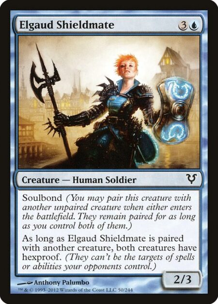 Elgaud Shieldmate - Soulbond (You may pair this creature with another unpaired creature when either enters the battlefield. They remain paired for as long as you control both of them.)