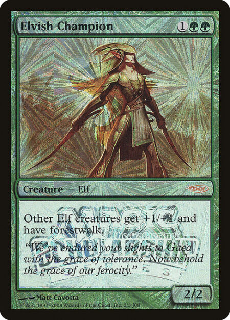 Elvish Champion - Other Elf creatures get +1/+1 and have forestwalk. (They can't be blocked as long as defending player controls a Forest.)