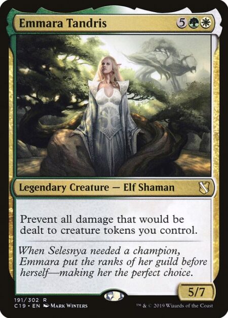 Emmara Tandris - Prevent all damage that would be dealt to creature tokens you control.