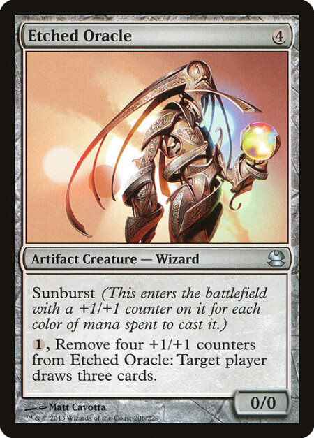 Etched Oracle - Sunburst (This enters the battlefield with a +1/+1 counter on it for each color of mana spent to cast it.)