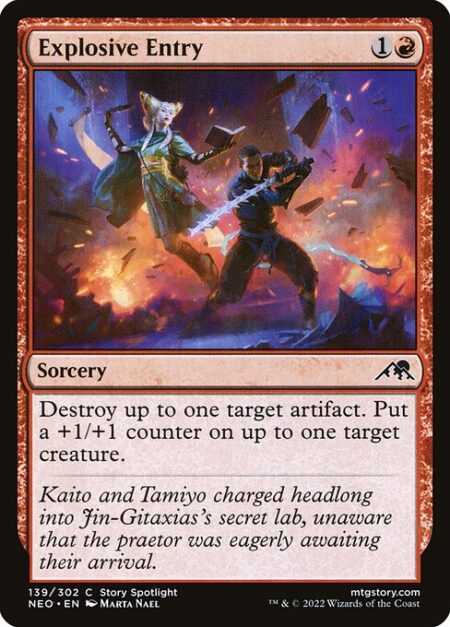 Explosive Entry - Destroy up to one target artifact. Put a +1/+1 counter on up to one target creature.