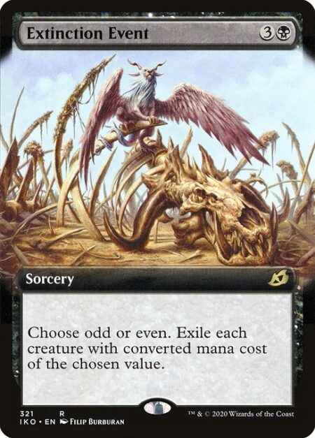 Extinction Event - Choose odd or even. Exile each creature with mana value of the chosen quality. (Zero is even.)