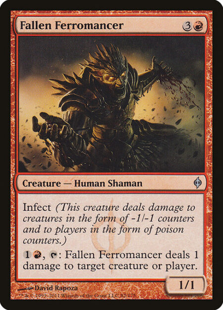 Fallen Ferromancer - Infect (This creature deals damage to creatures in the form of -1/-1 counters and to players in the form of poison counters.)