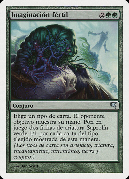 Fertile Imagination - Choose a card type. Target opponent reveals their hand. Create two 1/1 green Saproling creature tokens for each card of the chosen type revealed this way. (Artifact