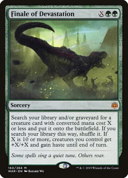 Finale of Devastation - Search your library and/or graveyard for a creature card with mana value X or less and put it onto the battlefield. If you search your library this way