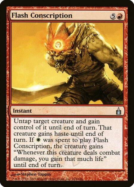 Flash Conscription - Untap target creature and gain control of it until end of turn. That creature gains haste until end of turn. If {W} was spent to cast this spell