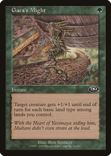 Gaea's Might - Domain — Target creature gets +1/+1 until end of turn for each basic land type among lands you control.