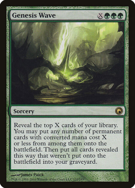 Genesis Wave - Reveal the top X cards of your library. You may put any number of permanent cards with mana value X or less from among them onto the battlefield. Then put all cards revealed this way that weren't put onto the battlefield into your graveyard.