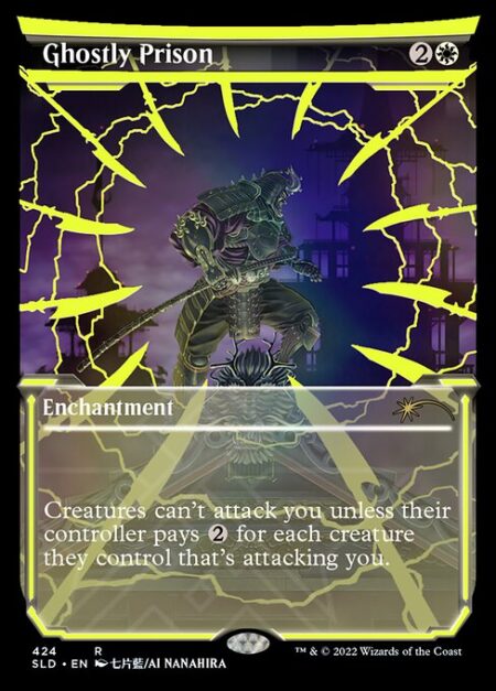 Ghostly Prison - Creatures can't attack you unless their controller pays {2} for each creature they control that's attacking you.