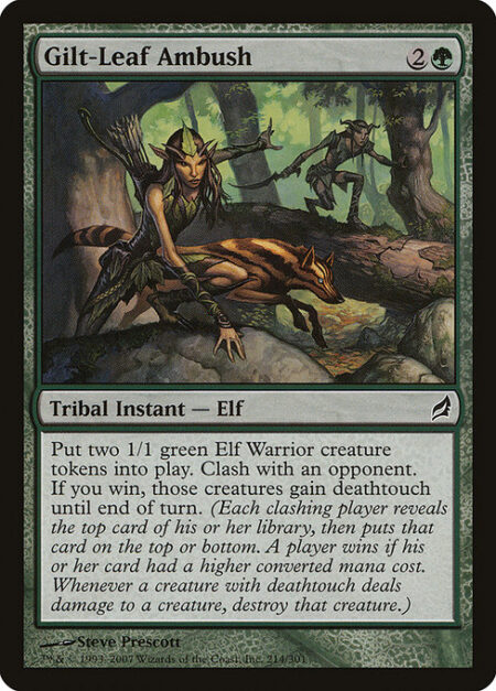 Gilt-Leaf Ambush - Create two 1/1 green Elf Warrior creature tokens. Clash with an opponent. If you win