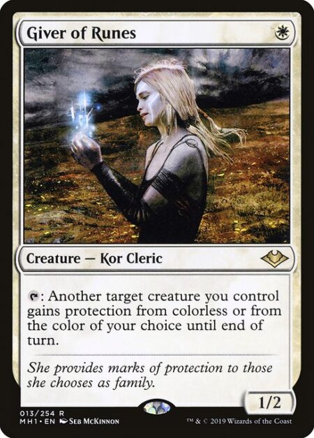 Giver of Runes - {T}: Another target creature you control gains protection from colorless or from the color of your choice until end of turn.