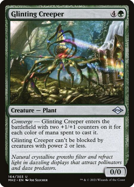 Glinting Creeper - Converge — Glinting Creeper enters the battlefield with two +1/+1 counters on it for each color of mana spent to cast it.