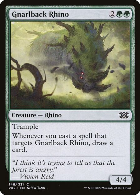 Gnarlback Rhino - Trample (This creature can deal excess combat damage to the player or planeswalker it's attacking.)