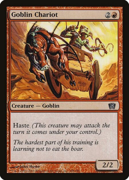 Goblin Chariot - Haste (This creature can attack and {T} as soon as it comes under your control.)