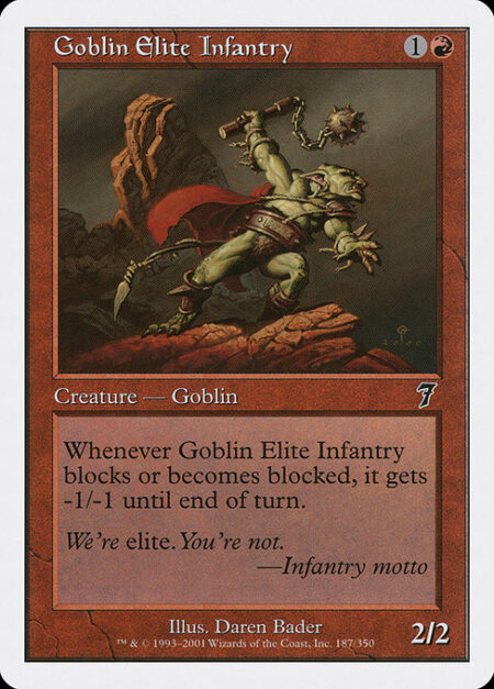 Goblin Elite Infantry - Whenever Goblin Elite Infantry blocks or becomes blocked