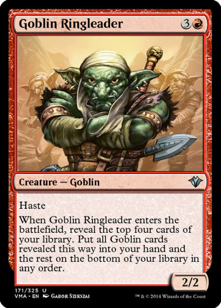 Goblin Ringleader - Haste (This creature can attack and {T} as soon as it comes under your control.)