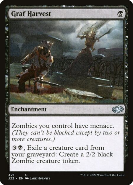 Graf Harvest - Zombies you control have menace. (They can't be blocked except by two or more creatures.)