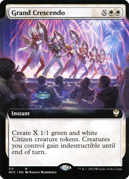 Grand Crescendo - Create X 1/1 green and white Citizen creature tokens. Creatures you control gain indestructible until end of turn.