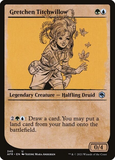Gretchen Titchwillow - {2}{G}{U}: Draw a card. You may put a land card from your hand onto the battlefield.