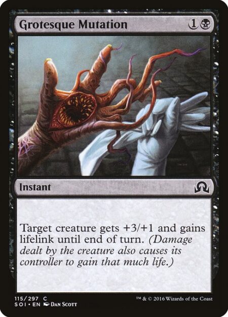 Grotesque Mutation - Target creature gets +3/+1 and gains lifelink until end of turn. (Damage dealt by the creature also causes its controller to gain that much life.)