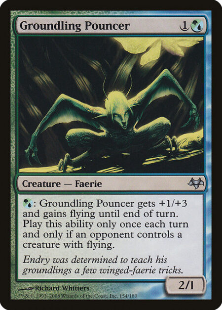 Groundling Pouncer - {G/U}: Groundling Pouncer gets +1/+3 and gains flying until end of turn. Activate only once each turn and only if an opponent controls a creature with flying.