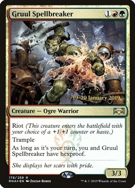 Gruul Spellbreaker - Riot (This creature enters with your choice of a +1/+1 counter or haste.)