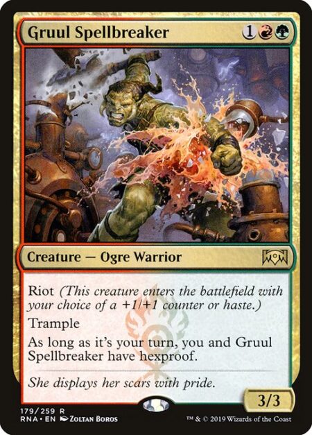 Gruul Spellbreaker - Riot (This creature enters with your choice of a +1/+1 counter or haste.)