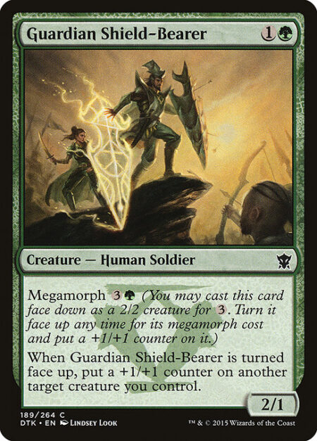 Guardian Shield-Bearer - Megamorph {3}{G} (You may cast this card face down as a 2/2 creature for {3}. Turn it face up any time for its megamorph cost and put a +1/+1 counter on it.)