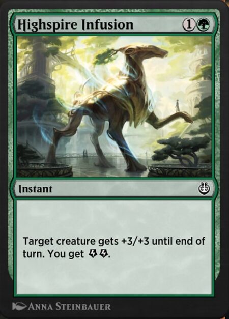 Highspire Infusion - Target creature gets +3/+3 until end of turn. You get {E}{E} (two energy counters).