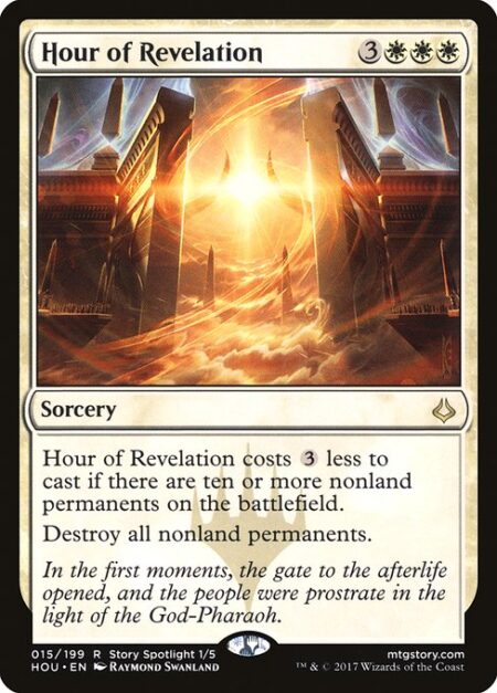 Hour of Revelation - This spell costs {3} less to cast if there are ten or more nonland permanents on the battlefield.